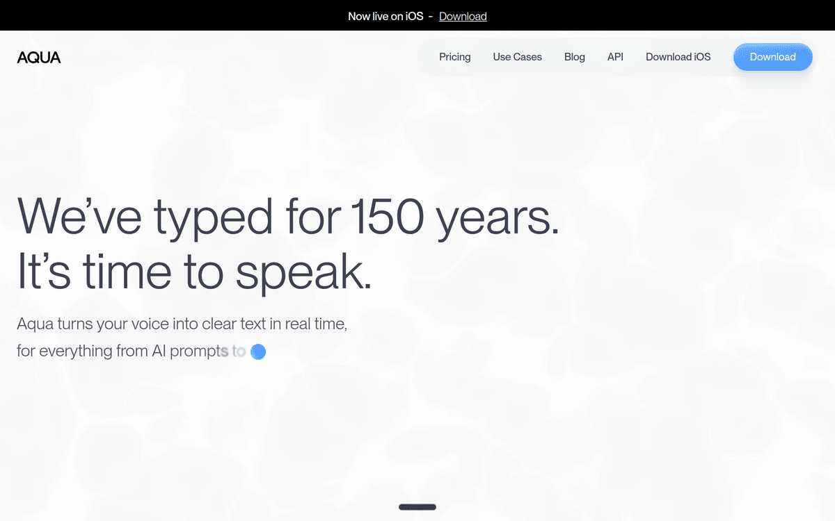 Aqua Voice website showing its real-time dictation product for Mac, iOS and web