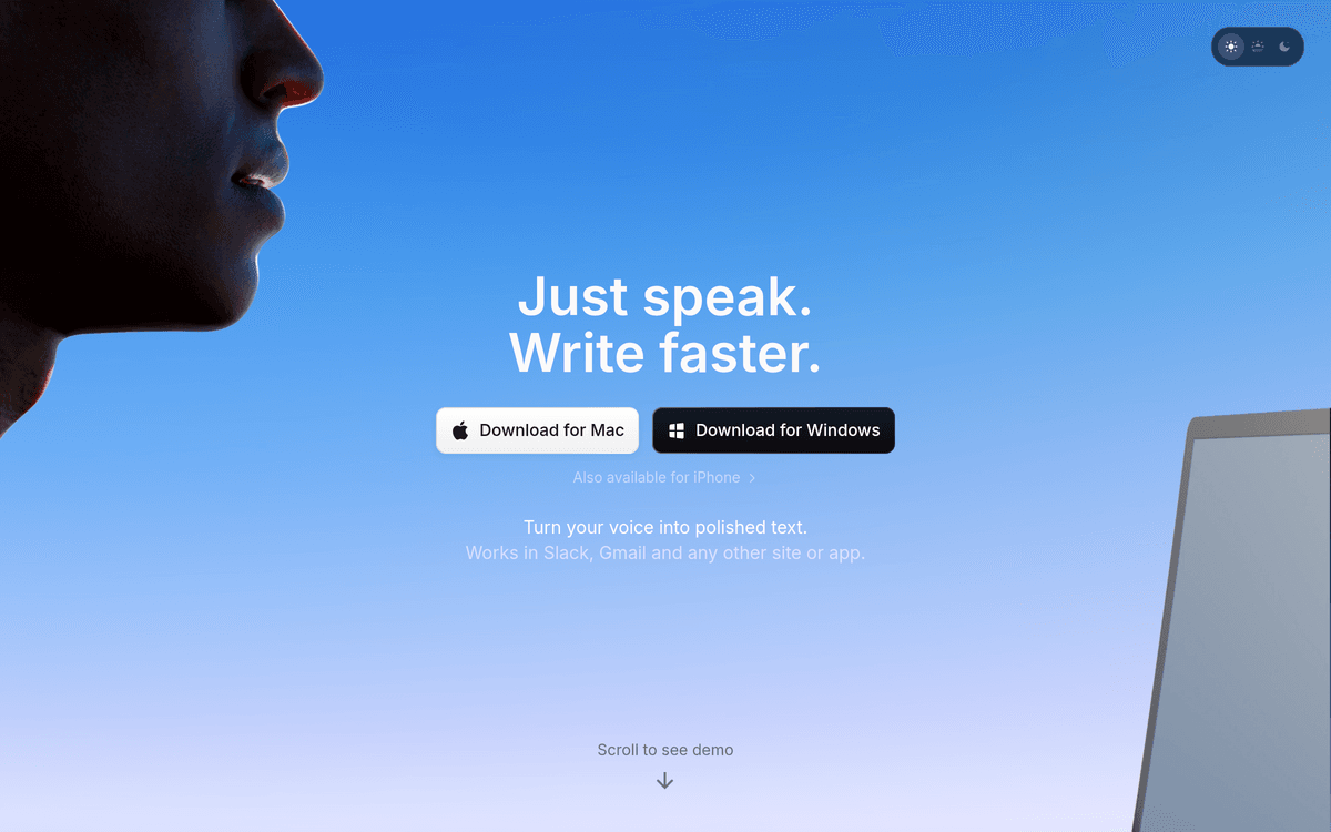 Superwhisper website showing its offline AI voice-to-text app for macOS, Windows and iOS