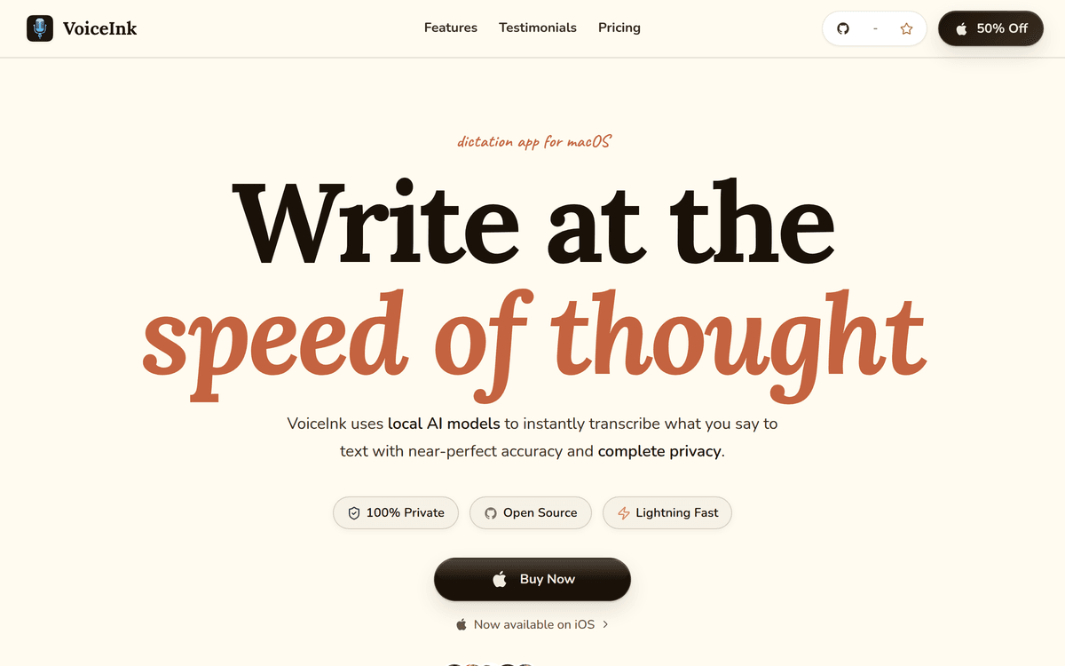 VoiceInk website showing its open-source local dictation app for macOS